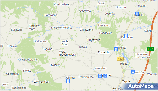 mapa Krzaki gmina Brzeźnio, Krzaki gmina Brzeźnio na mapie Targeo