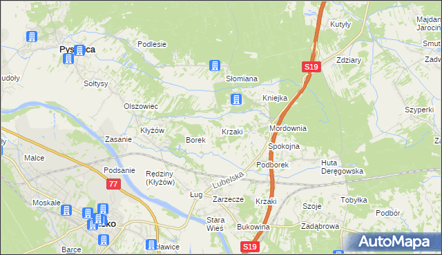 mapa Krzaki gmina Pysznica, Krzaki gmina Pysznica na mapie Targeo