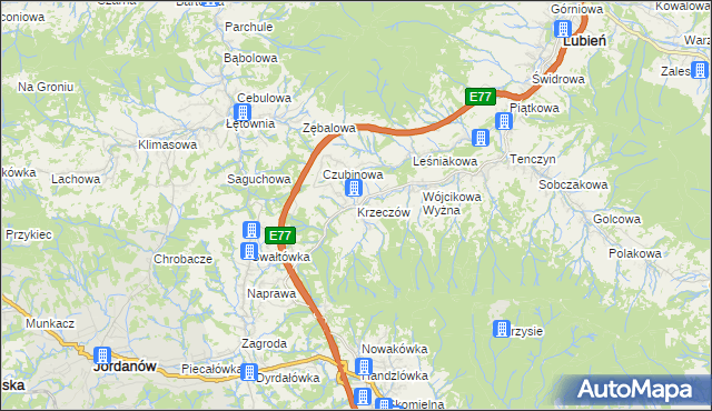 mapa Krzeczów gmina Lubień, Krzeczów gmina Lubień na mapie Targeo