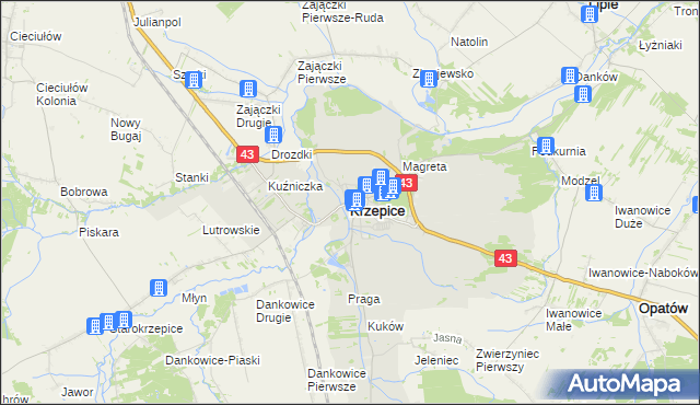 mapa Krzepice powiat kłobucki, Krzepice powiat kłobucki na mapie Targeo