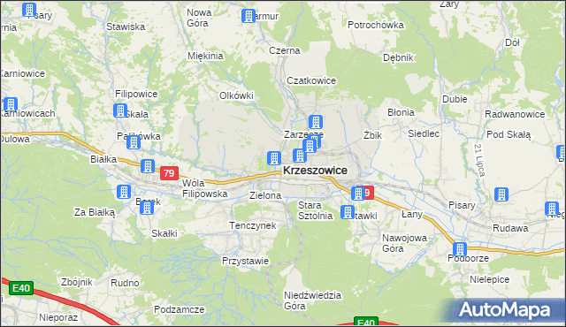 mapa Krzeszowice, Krzeszowice na mapie Targeo