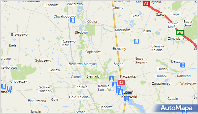 mapa Krzewie gmina Lubień Kujawski, Krzewie gmina Lubień Kujawski na mapie Targeo