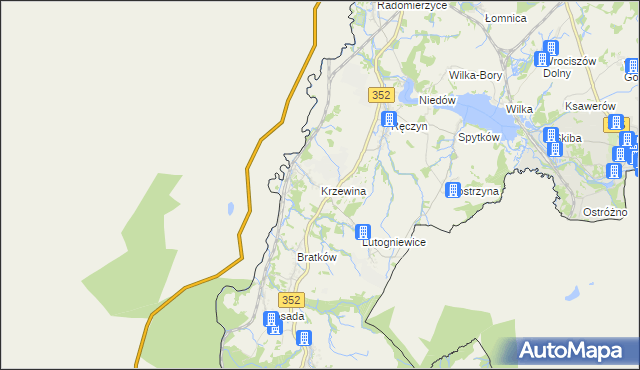 mapa Krzewina gmina Bogatynia, Krzewina gmina Bogatynia na mapie Targeo