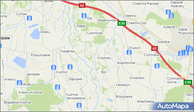 mapa Krzykosy gmina Dąbie, Krzykosy gmina Dąbie na mapie Targeo