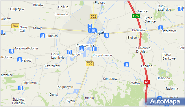 mapa Krzyszkowice gmina Piątek, Krzyszkowice gmina Piątek na mapie Targeo