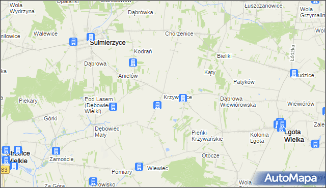 mapa Krzywanice gmina Lgota Wielka, Krzywanice gmina Lgota Wielka na mapie Targeo