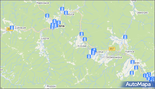 mapa Krzywe gmina Cisna, Krzywe gmina Cisna na mapie Targeo