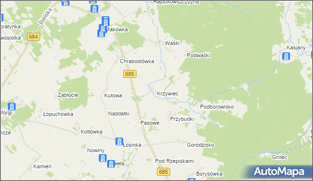 mapa Krzywiec gmina Narew, Krzywiec gmina Narew na mapie Targeo