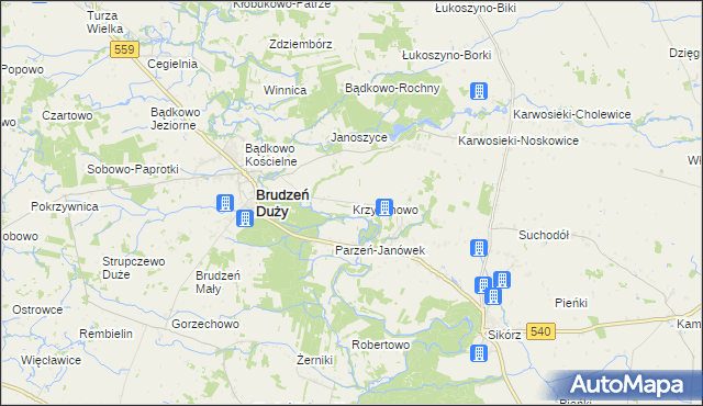 mapa Krzyżanowo gmina Brudzeń Duży, Krzyżanowo gmina Brudzeń Duży na mapie Targeo