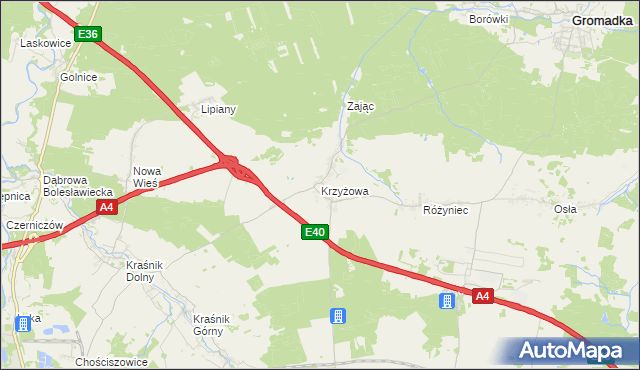 mapa Krzyżowa gmina Gromadka, Krzyżowa gmina Gromadka na mapie Targeo