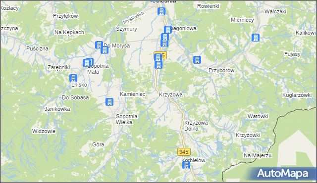 mapa Krzyżowa gmina Jeleśnia, Krzyżowa gmina Jeleśnia na mapie Targeo