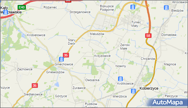 mapa Krzyżowice gmina Kobierzyce, Krzyżowice gmina Kobierzyce na mapie Targeo