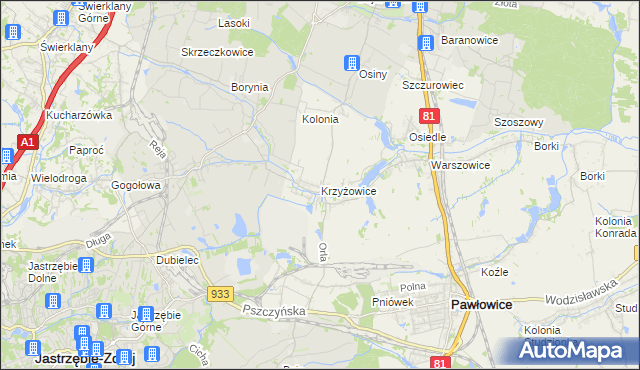 mapa Krzyżowice gmina Pawłowice, Krzyżowice gmina Pawłowice na mapie Targeo