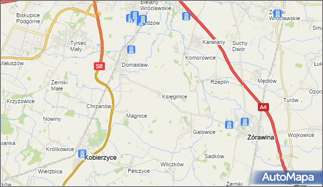 mapa Księginice gmina Kobierzyce, Księginice gmina Kobierzyce na mapie Targeo