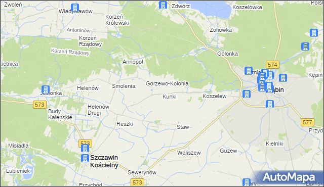 mapa Kunki gmina Szczawin Kościelny, Kunki gmina Szczawin Kościelny na mapie Targeo