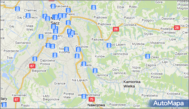 mapa Kunów gmina Chełmiec, Kunów gmina Chełmiec na mapie Targeo