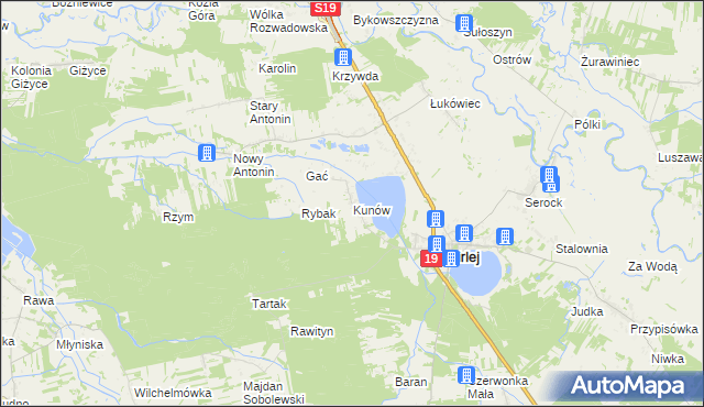 mapa Kunów gmina Firlej, Kunów gmina Firlej na mapie Targeo