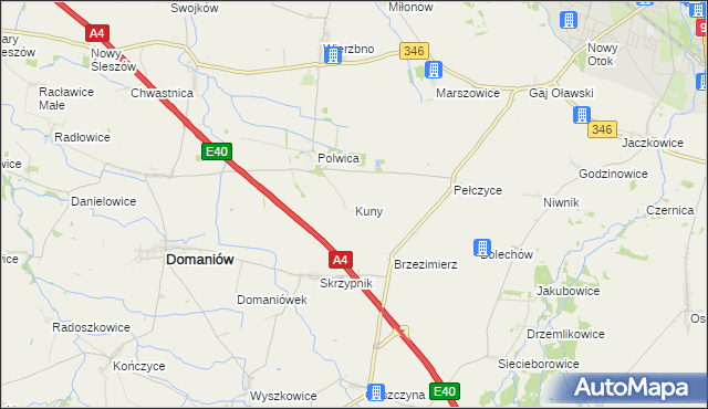 mapa Kuny gmina Domaniów, Kuny gmina Domaniów na mapie Targeo