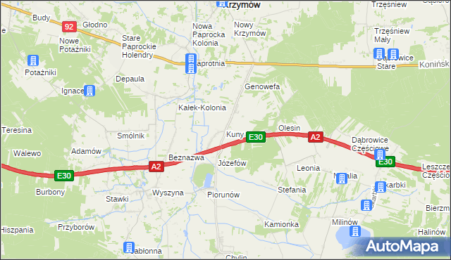 mapa Kuny gmina Władysławów, Kuny gmina Władysławów na mapie Targeo