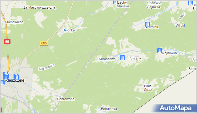 mapa Kuraszewo gmina Kleszczele, Kuraszewo gmina Kleszczele na mapie Targeo