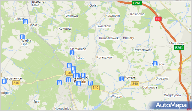 mapa Kuraszków gmina Oborniki Śląskie, Kuraszków gmina Oborniki Śląskie na mapie Targeo