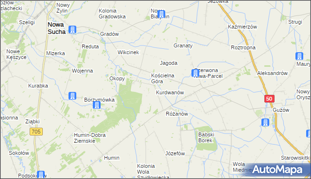 mapa Kurdwanów gmina Nowa Sucha, Kurdwanów gmina Nowa Sucha na mapie Targeo