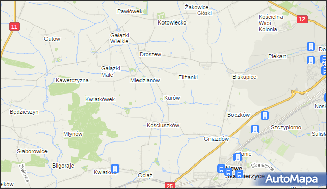 mapa Kurów gmina Nowe Skalmierzyce, Kurów gmina Nowe Skalmierzyce na mapie Targeo