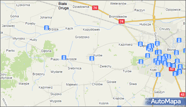 mapa Kurów gmina Wieluń, Kurów gmina Wieluń na mapie Targeo