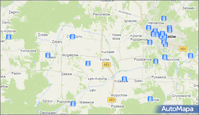 mapa Kurów gmina Zelów, Kurów gmina Zelów na mapie Targeo