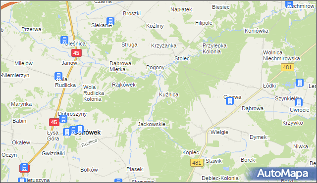 mapa Kuźnica gmina Ostrówek, Kuźnica gmina Ostrówek na mapie Targeo