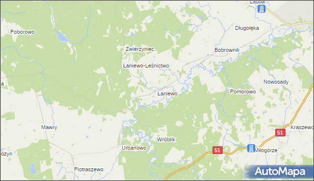 mapa Łaniewo gmina Lidzbark Warmiński, Łaniewo gmina Lidzbark Warmiński na mapie Targeo