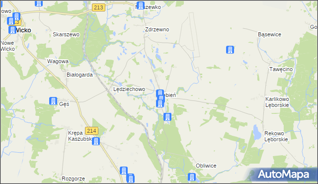 mapa Łebień gmina Nowa Wieś Lęborska, Łebień gmina Nowa Wieś Lęborska na mapie Targeo