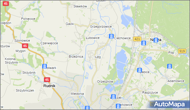 mapa Łęg gmina Nędza, Łęg gmina Nędza na mapie Targeo