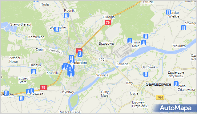 mapa Łęg gmina Połaniec, Łęg gmina Połaniec na mapie Targeo