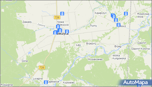 mapa Łęg gmina Rzeczyca, Łęg gmina Rzeczyca na mapie Targeo