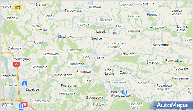 mapa Łęka gmina Korzenna, Łęka gmina Korzenna na mapie Targeo