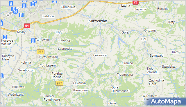 mapa Łękawica gmina Skrzyszów, Łękawica gmina Skrzyszów na mapie Targeo