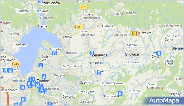 mapa Łękawica powiat żywiecki, Łękawica powiat żywiecki na mapie Targeo