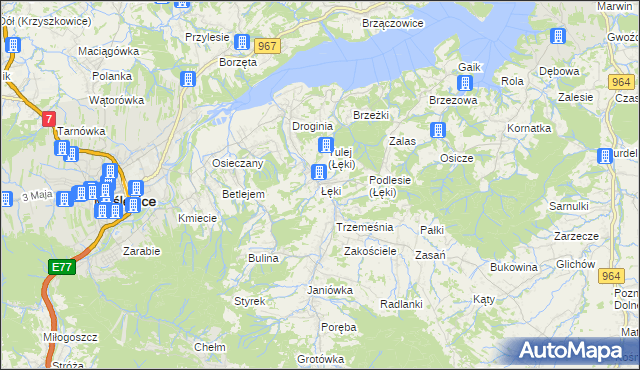 mapa Łęki gmina Myślenice, Łęki gmina Myślenice na mapie Targeo