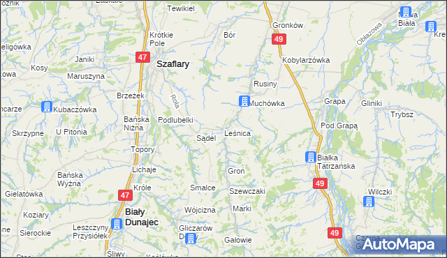 mapa Leśnica gmina Bukowina Tatrzańska, Leśnica gmina Bukowina Tatrzańska na mapie Targeo