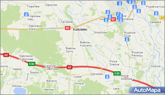 mapa Leszcze gmina Kościelec, Leszcze gmina Kościelec na mapie Targeo