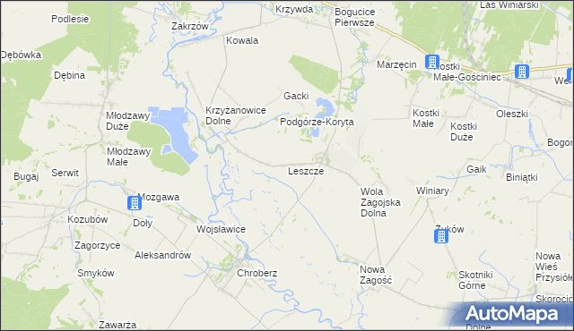 mapa Leszcze gmina Pińczów, Leszcze gmina Pińczów na mapie Targeo
