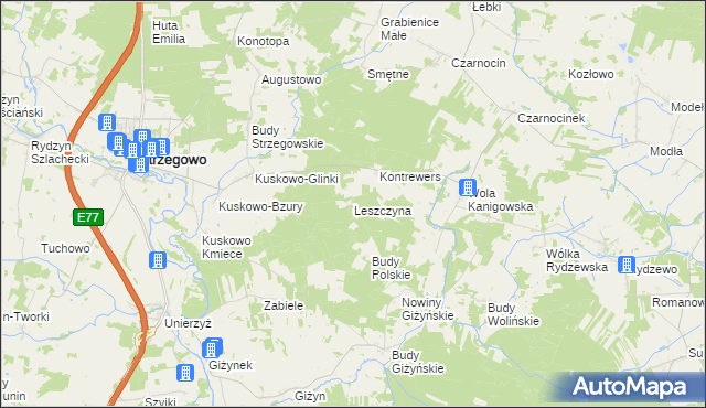 mapa Leszczyna gmina Strzegowo, Leszczyna gmina Strzegowo na mapie Targeo