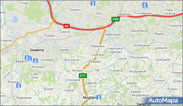mapa Libertów gmina Mogilany, Libertów gmina Mogilany na mapie Targeo