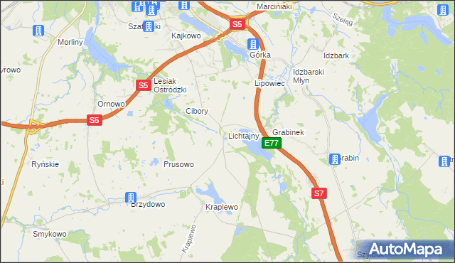 mapa Lichtajny gmina Ostróda, Lichtajny gmina Ostróda na mapie Targeo