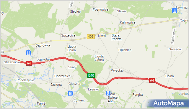 mapa Ligota Górna gmina Strzelce Opolskie, Ligota Górna gmina Strzelce Opolskie na mapie Targeo