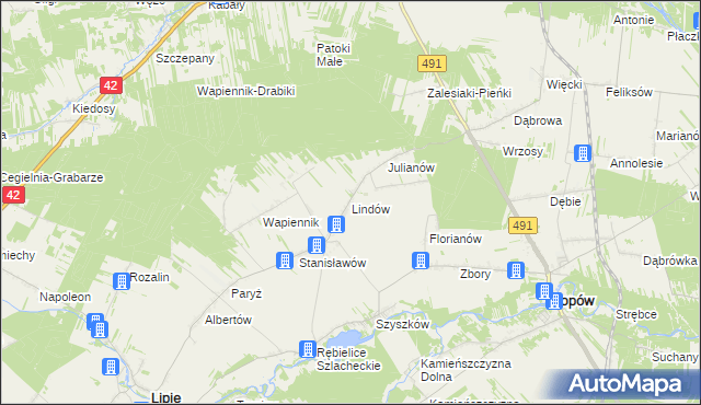 mapa Lindów gmina Lipie, Lindów gmina Lipie na mapie Targeo