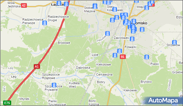 mapa Lipie gmina Radomsko, Lipie gmina Radomsko na mapie Targeo