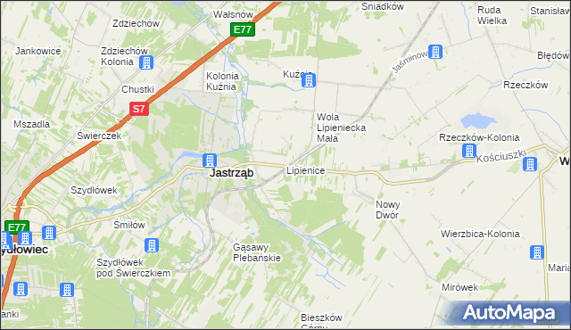 mapa Lipienice gmina Jastrząb, Lipienice gmina Jastrząb na mapie Targeo