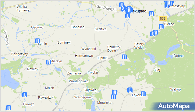 mapa Lipinki gmina Biskupiec, Lipinki gmina Biskupiec na mapie Targeo